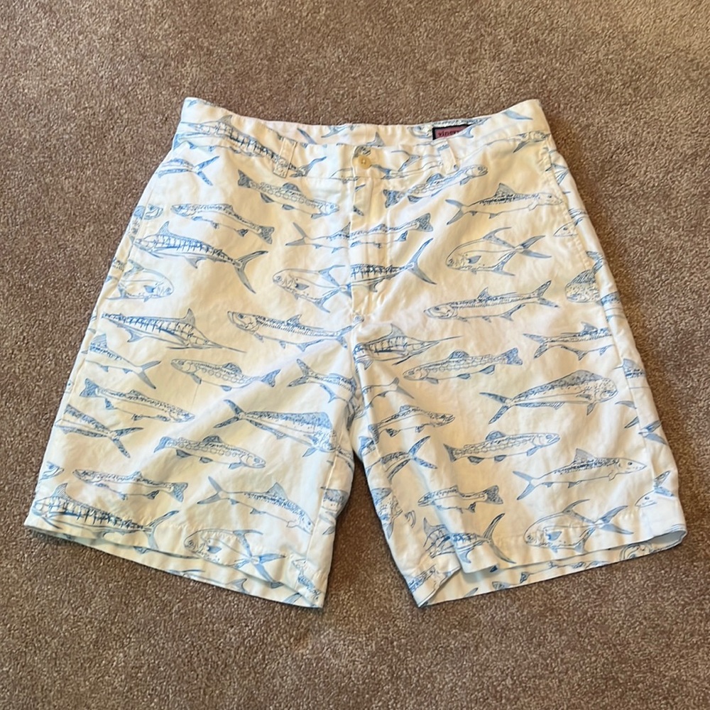 Vineyard Vines Cotton Linen Club Shorts 32 White Blue Fish